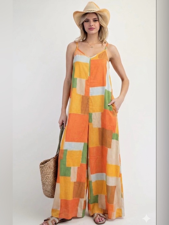 easel Pants - NWT Easel Geometric Colorblock Boho Wide Leg Jumpsuit - Size M